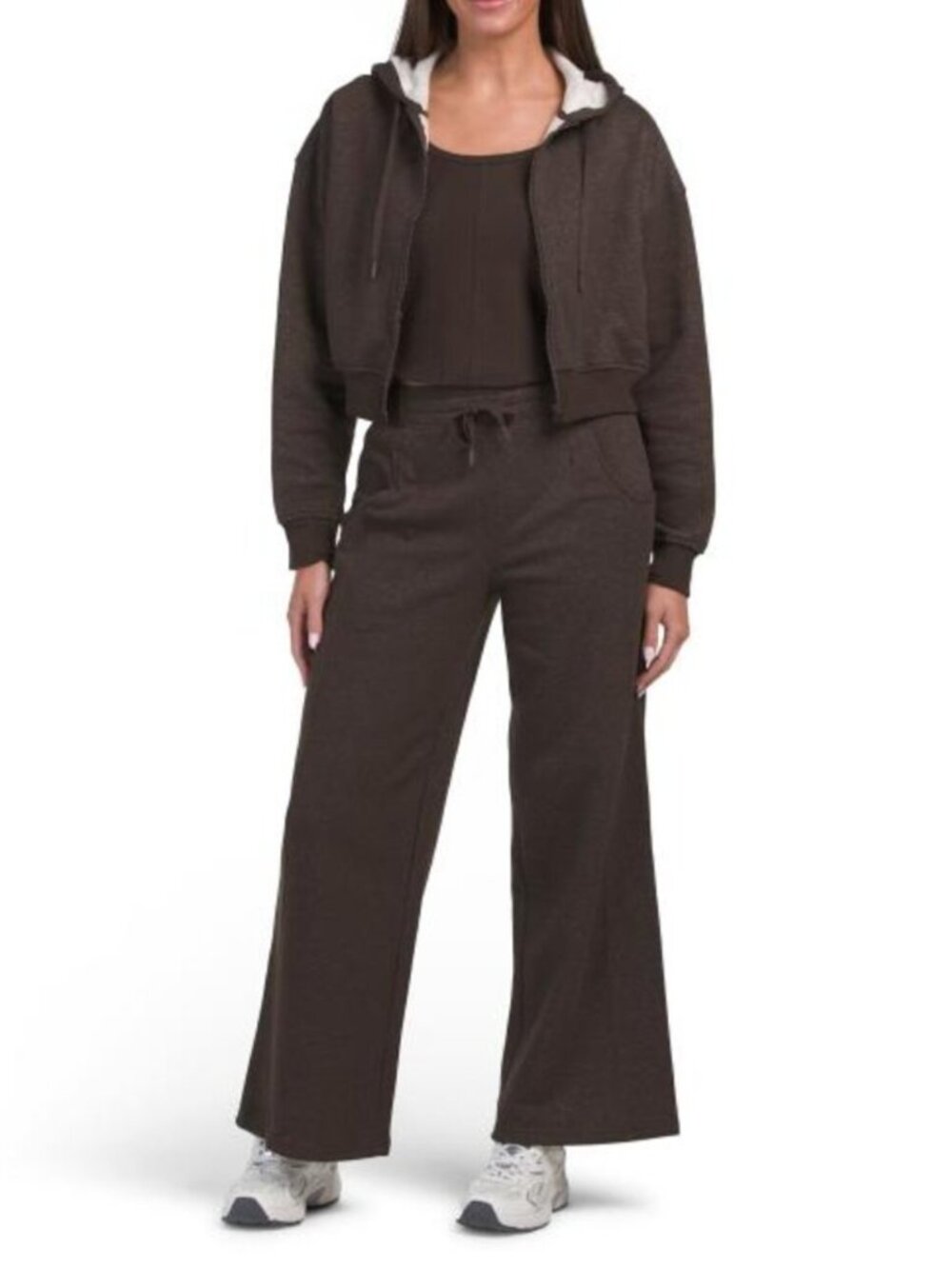 YOGALICIOUS 3pc Baby Fleece Hoodie Corset Tank Top And Wide Leg Pants Set